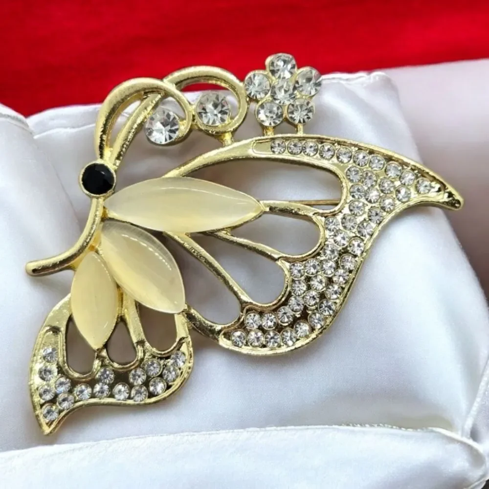 Elegant Gold Butterfly Rhinestone Brooch Pin Large Statement Lapel Accessory